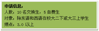 文本框: 申请信息：人数：10名交换生，5自费生对象：除东语和西语在校大二下或大三上学生绩点：3.0 以上