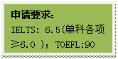 文本框: 申请要求：IELTS: 6.5(单科各项≥6.0 )；TOEFL:90